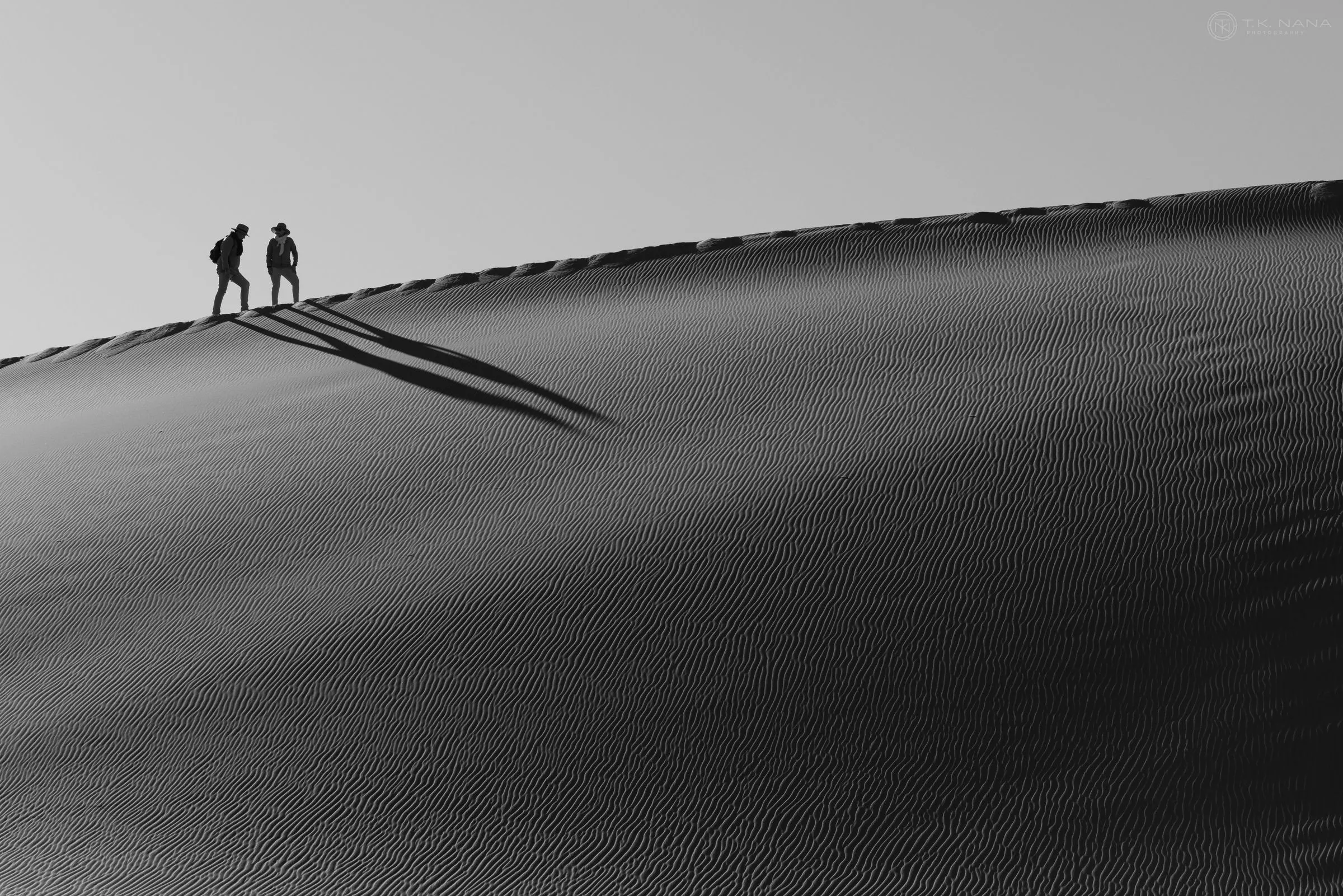 Two walkers silhouetted on a dune ridge in black and white, their shadows stretching down the sand